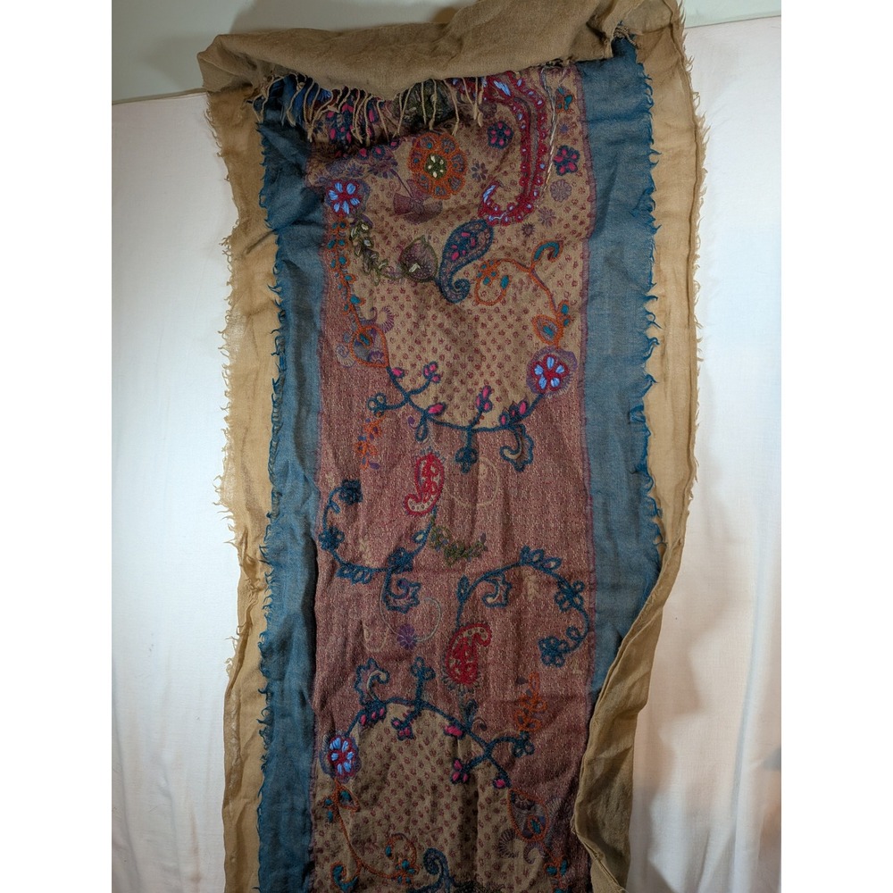 Boho Paisley Embroidered Tan Blue Floral Fringe Light Gauze runner home decor